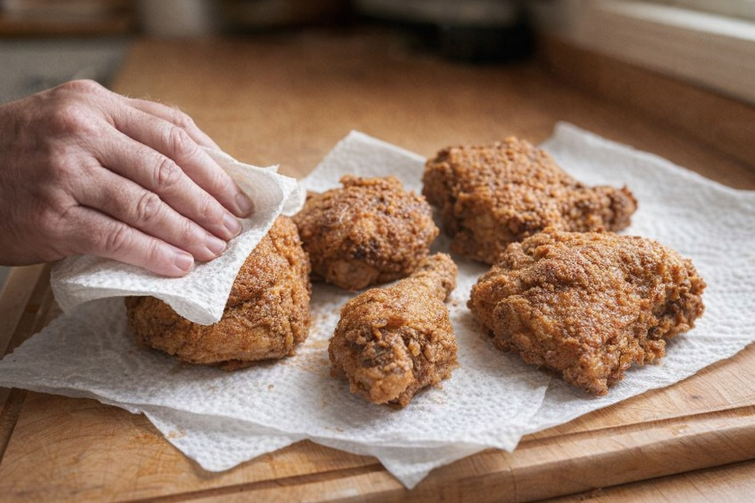 A close-up shot of leftover fried chicken pieces on a cutting board, paper towels, some pieces being patted dry, natural kitchen lighting